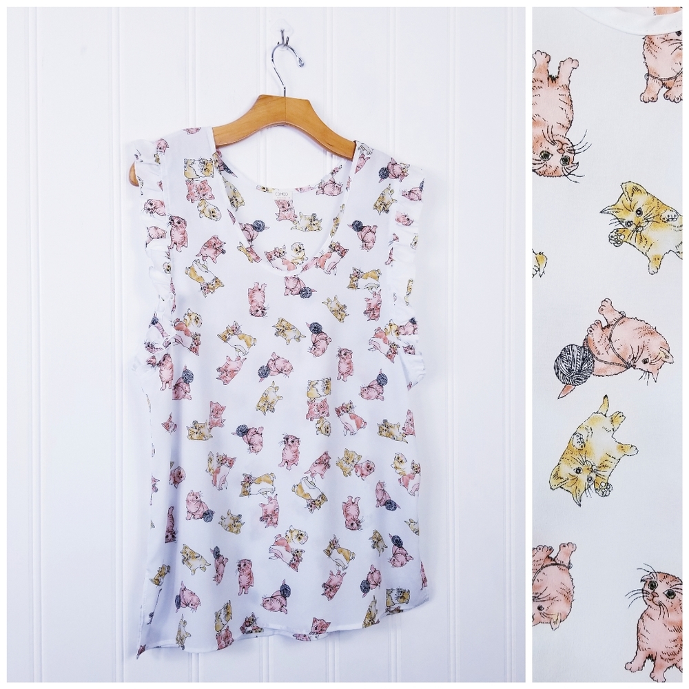 Cameo Cats and Yarn Ruffled Sleeve Shirt